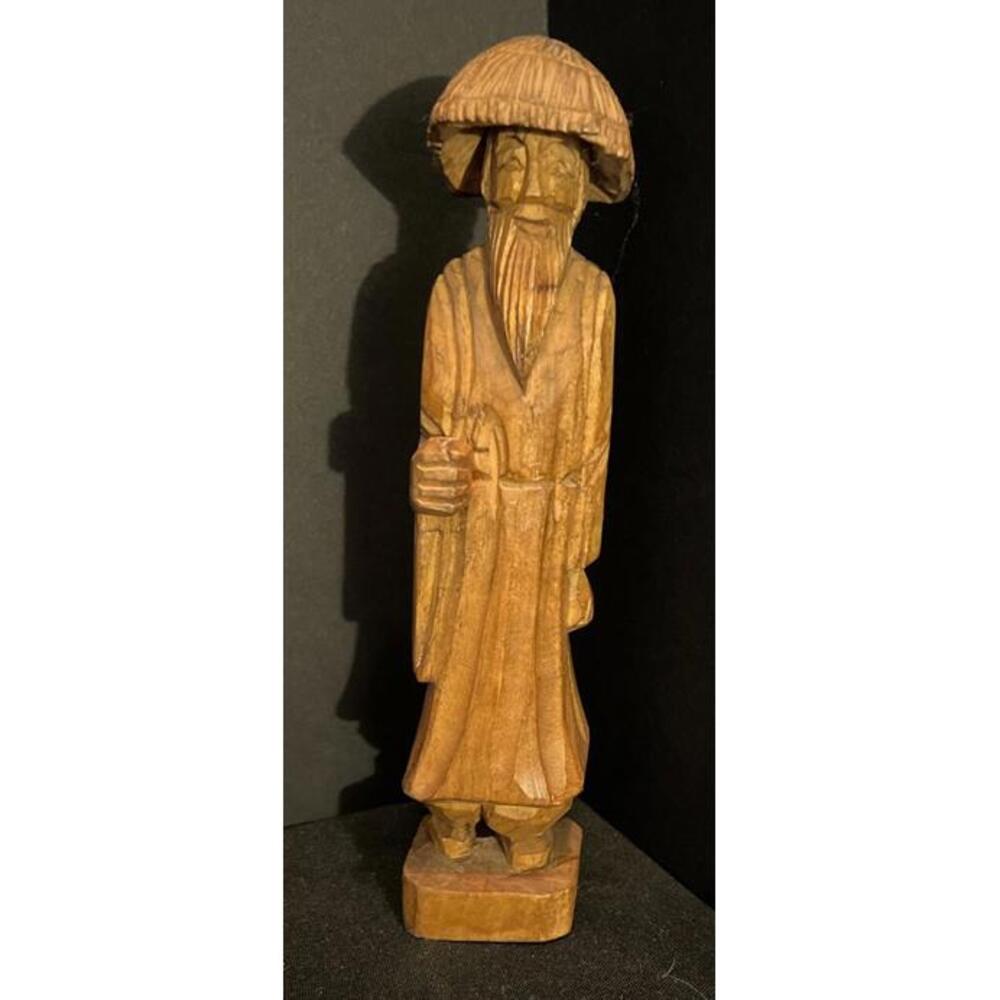Vintage Hand Carved Wood Chinese Wise Old Man Statue Figurines